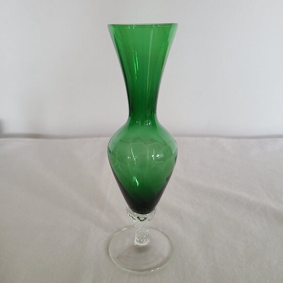 Vintage Hand Blown Glass Art Green Glass Vase With Clear Glass Twist Footed Base - Picture 4 of 12